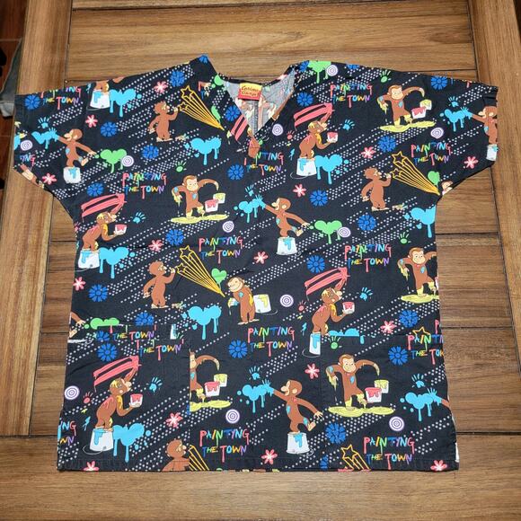 Curious George Scrub Top "Painting The Town" - Size Medium - Picture 1 of 4